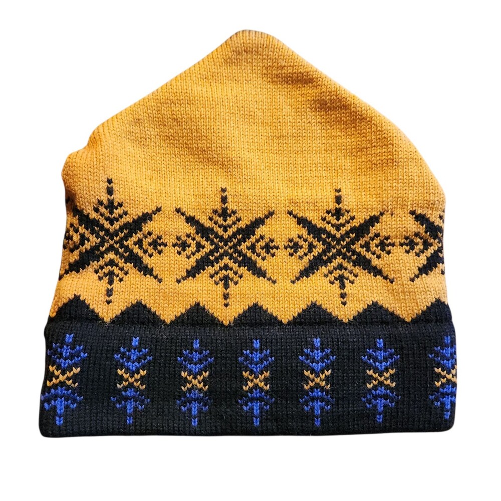 Vermont Originals Wool Ski Hat Beanie Snowflakes Black Yellow Blue Made in USA